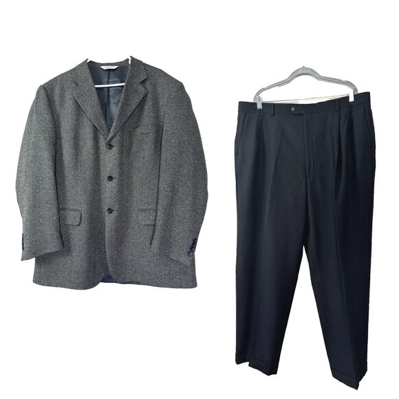 Pronto Uomo Mens 46R W42 Tweed Wool Silk Cashmere Black Gray Suit Classic Work - Picture 1 of 16